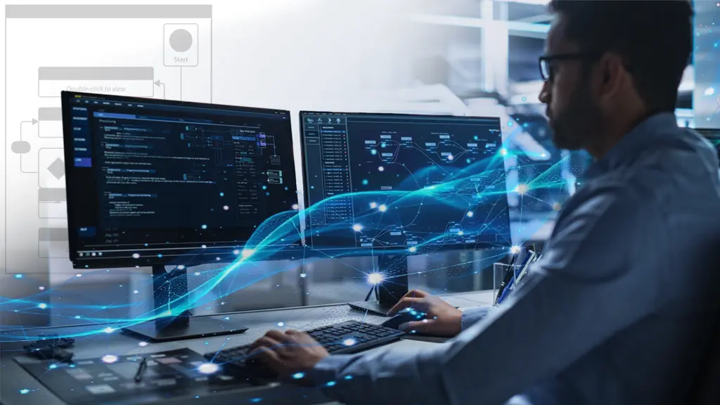 Customer's IT person working at his desk with data graphic flowing from left to right.