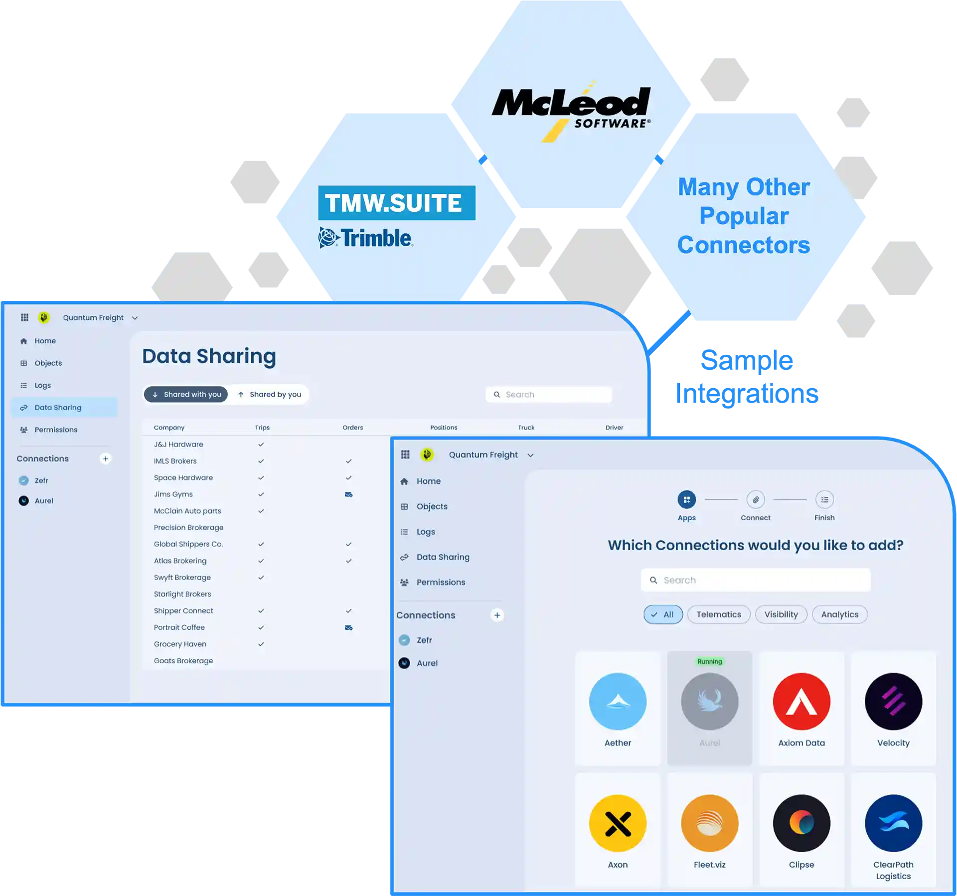 Tranztec sample integrations screenshots with TMW.Suite and McLeod logos and text that notes many other popular connectors are available.